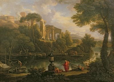 Landscape with figures by a pool with ruins in the background by Jan Frans van Bloemen